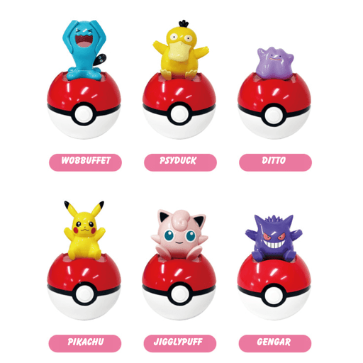 Line-up of the six Pokémon Random Jumping Figures in Poké Ball bases with character names