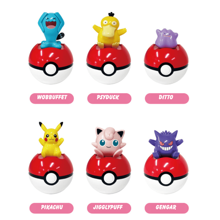 Line-up of the six Pokémon Random Jumping Figures in Poké Ball bases with character names