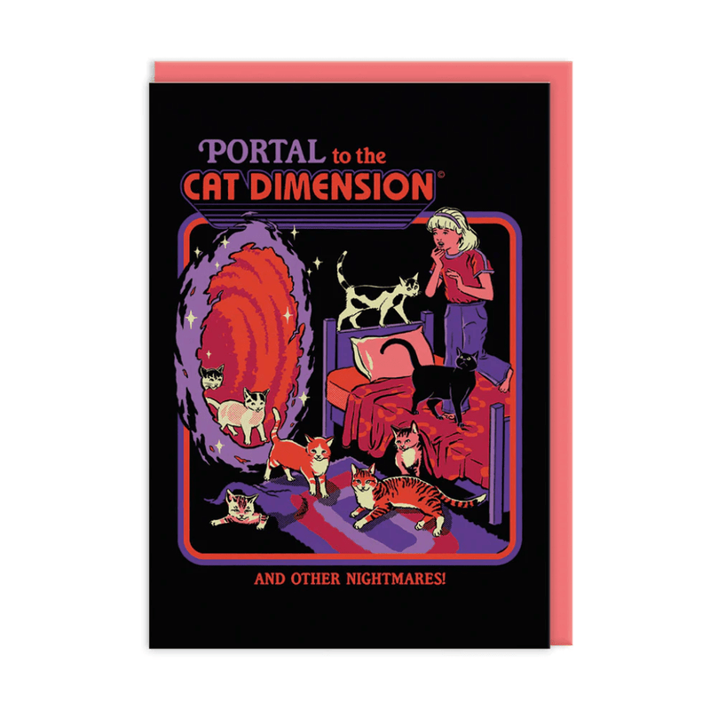 Retro Portal to the Cat Dimension funny greeting card showing girl startled as cats pour from swirling portal in bedroom
