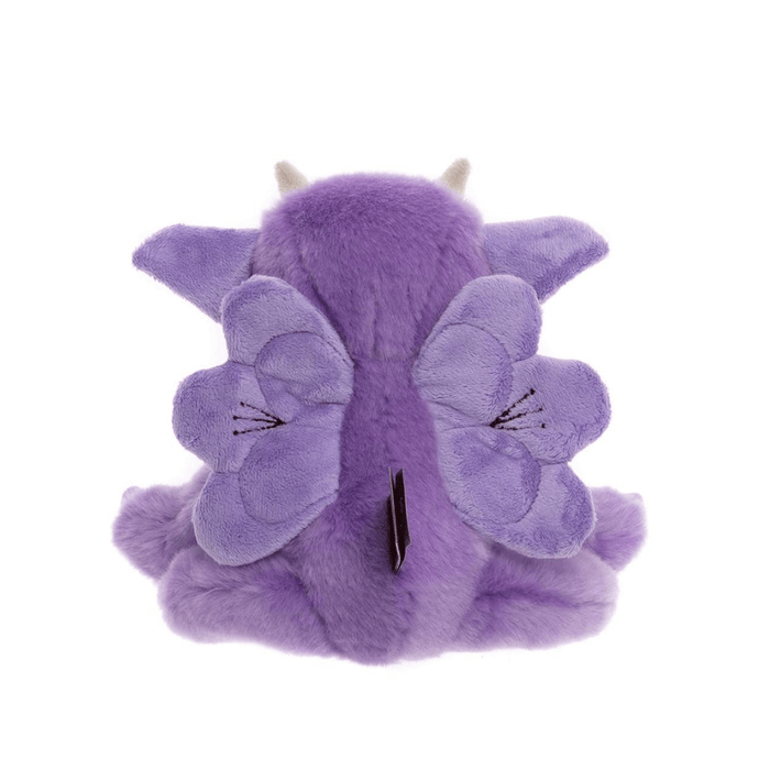Back view of Portcullis Bearhouse by Charlie Bears purple plush gargoyle toy showing wings and stitched details