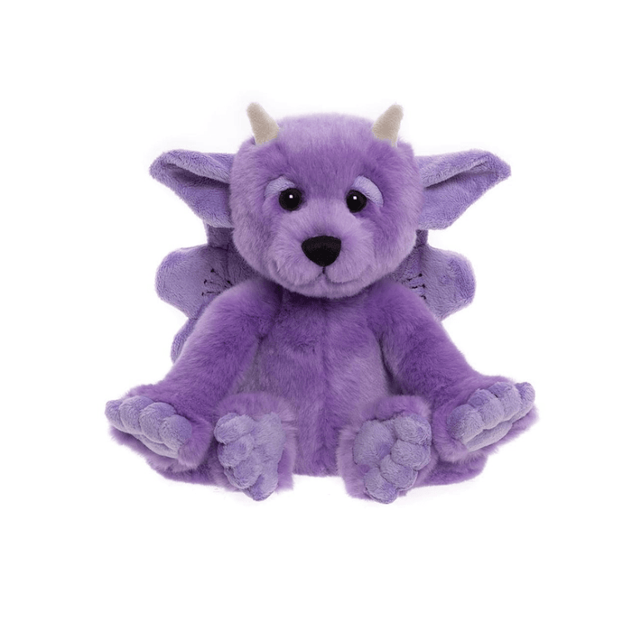 Portcullis Bearhouse by Charlie Bears purple plush gargoyle toy, front view on white background