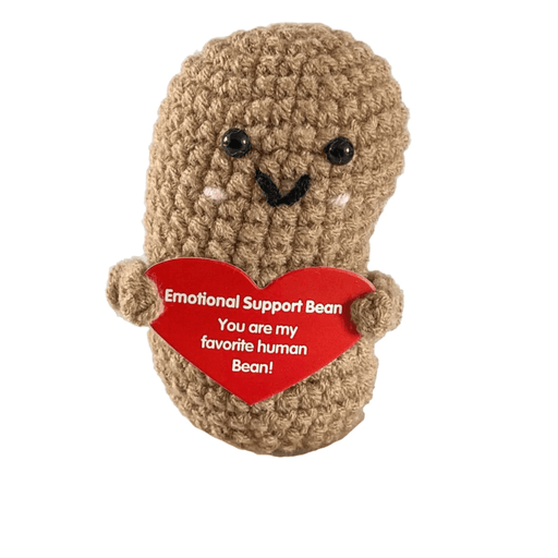 Crochet brown bean decoration holding a red emotional support bean heart
