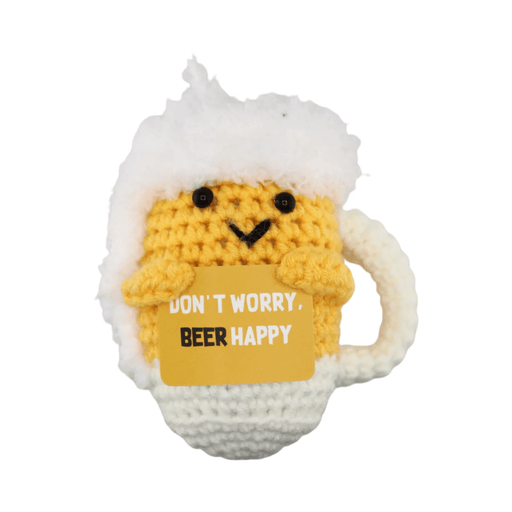 Crochet beer mug decoration holding a yellow don’t worry beer happy sign