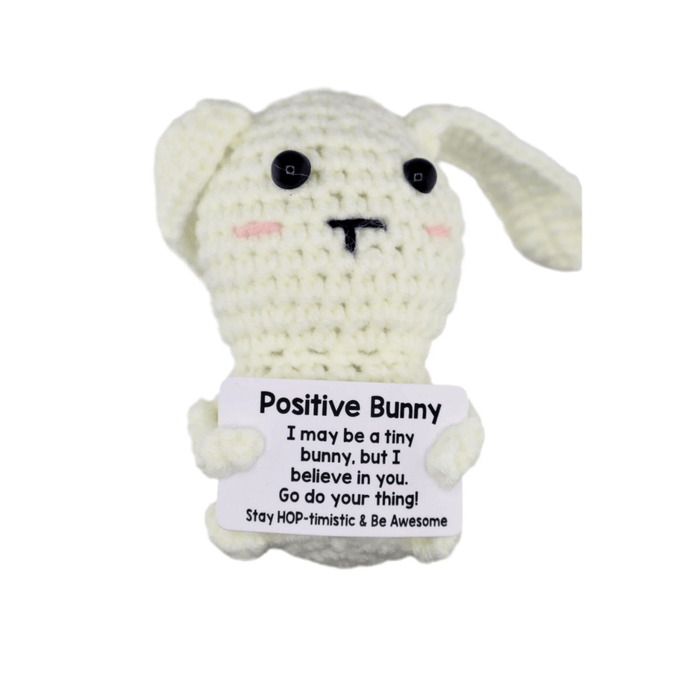 Cream crochet bunny decoration with floppy ears holding positive message card