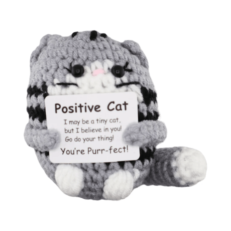 Grey crochet tabby cat decoration holding a positive you’re purr-fect message card