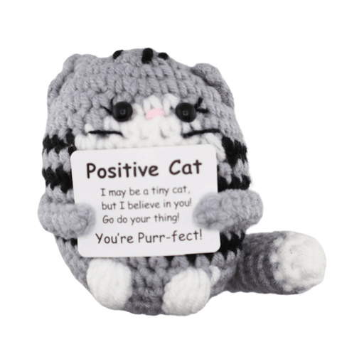 Grey crochet tabby cat decoration holding a positive you’re purr-fect message card