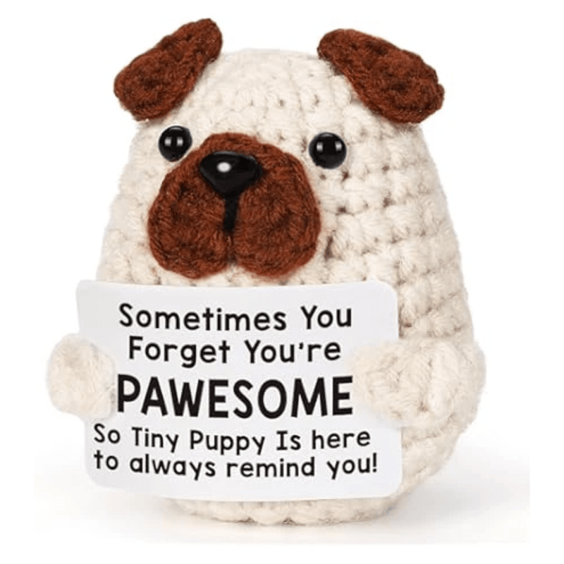 Crochet puppy dog decoration holding a pawsome encouragement message card