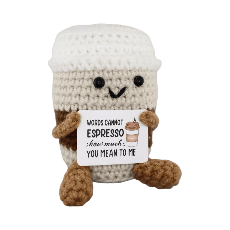 Crochet takeaway coffee cup decoration holding words cannot espresso how much you mean to me sign