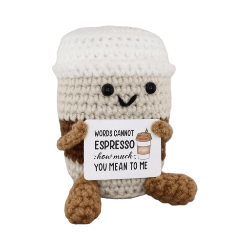 Crochet takeaway coffee cup decoration holding words cannot espresso how much you mean to me sign