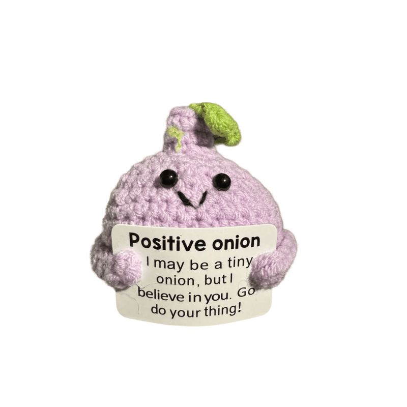 Lilac crochet Positive Onion decoration holding a motivational message card on white background