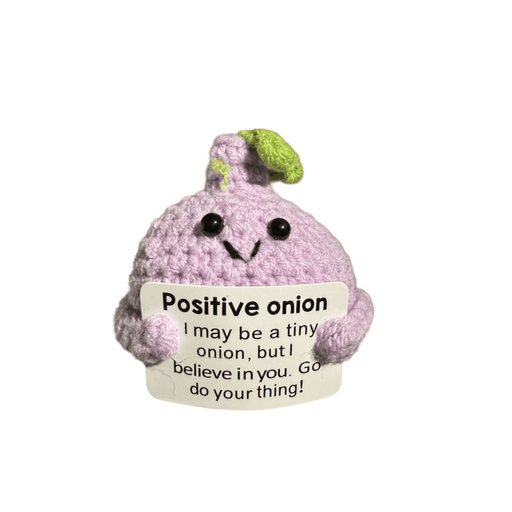 Lilac crochet Positive Onion decoration holding a motivational message card on white background
