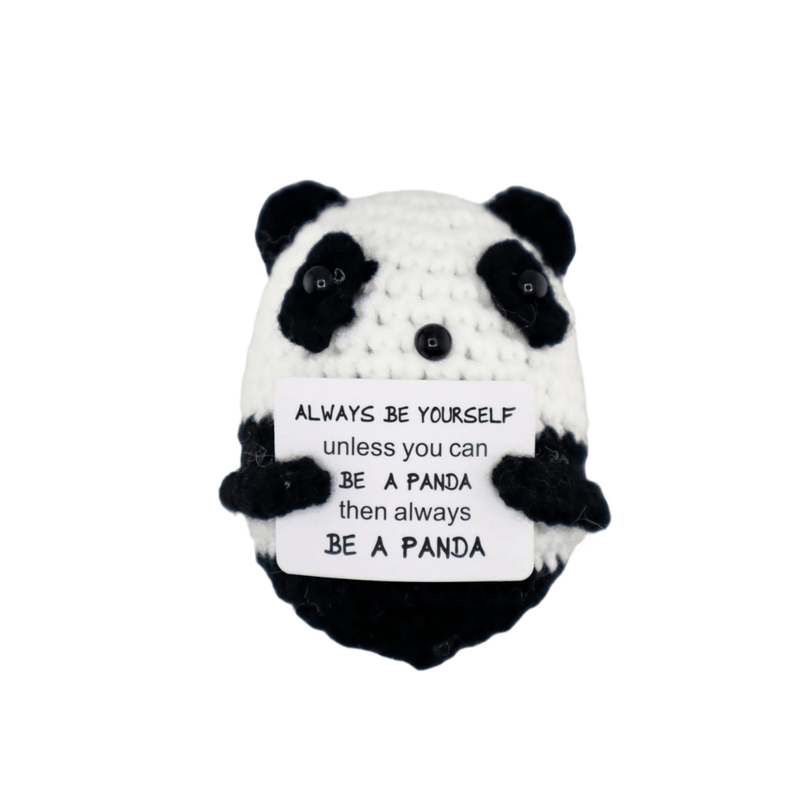 Crochet panda decoration holding a positive always be yourself message card