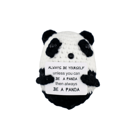 Crochet panda decoration holding a positive always be yourself message card