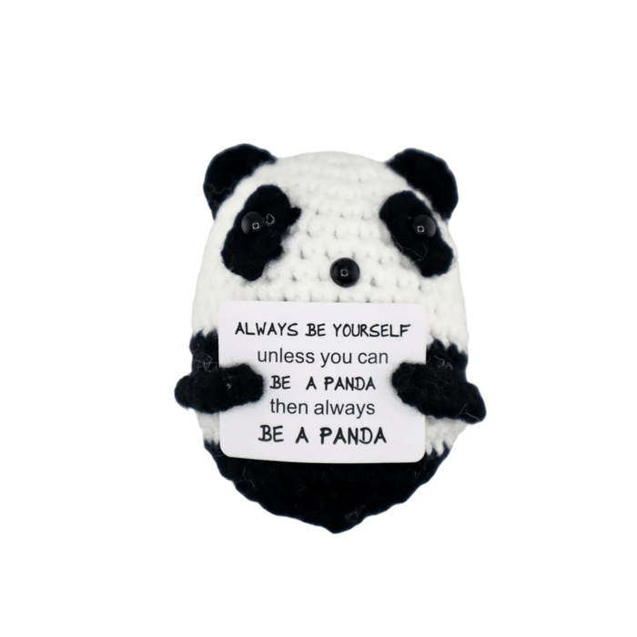 Crochet panda decoration holding a positive always be yourself message card