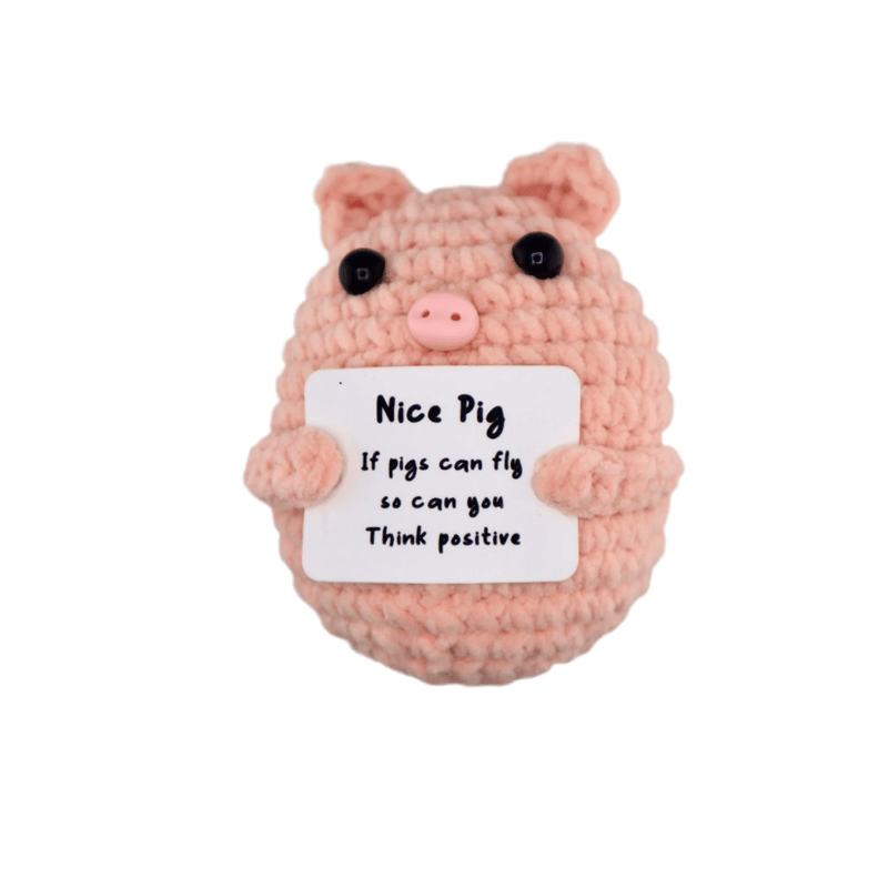 Crochet pink pig decoration holding a positive pigs can fly message card