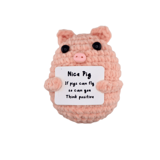 Crochet pink pig decoration holding a positive pigs can fly message card