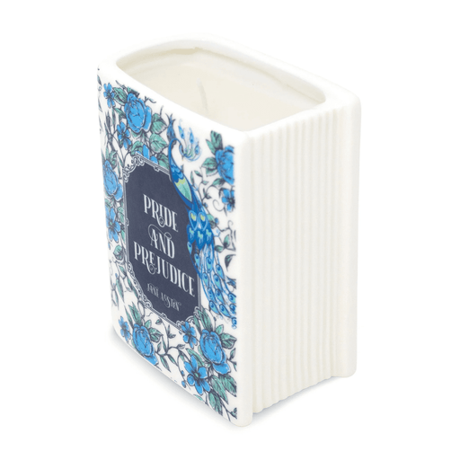 Pride and Prejudice book shaped ceramic candle front cover with blue floral design and peacock detail.