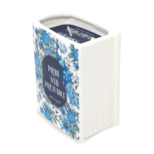 Back cover of Pride and Prejudice book shaped candle with reading quote and blue floral design.