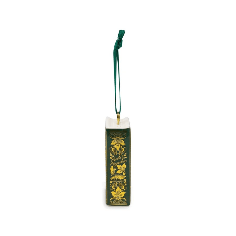 Decorative spine of Pride and Prejudice ceramic book ornament with gold floral patterns, Jane Austen lettering and green hanging ribbon