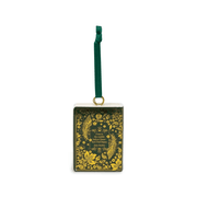 Reverse of Pride and Prejudice ceramic book ornament featuring a Jane Austen quotation surrounded by gold floral artwork