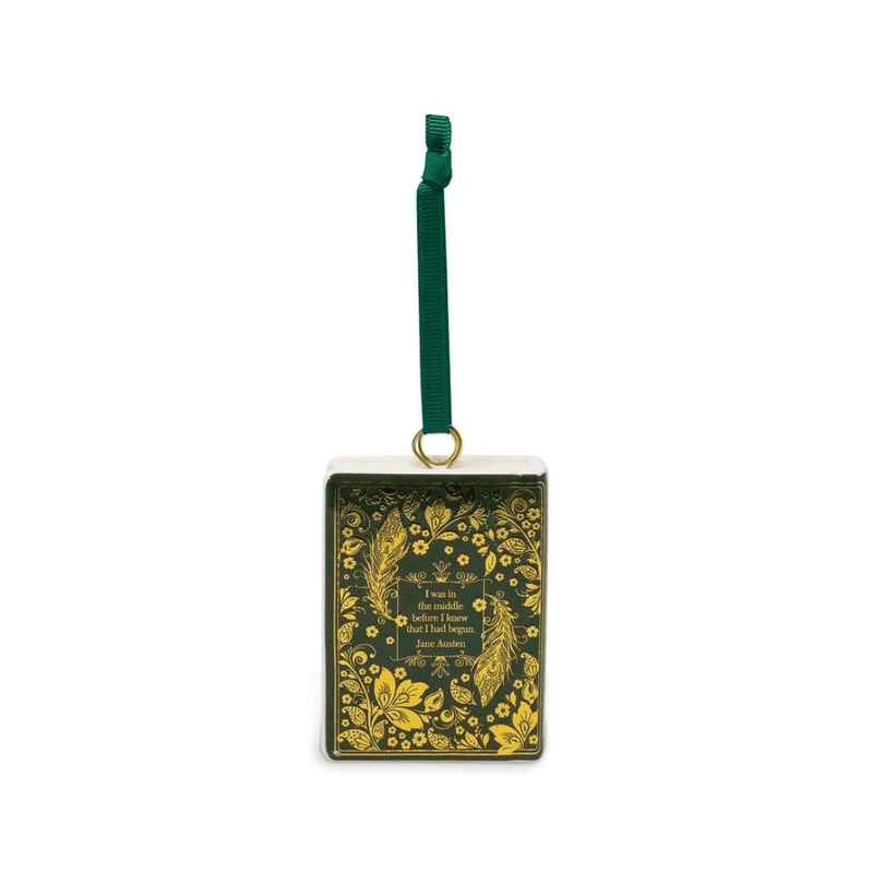 Reverse of Pride and Prejudice ceramic book ornament featuring a Jane Austen quotation surrounded by gold floral artwork
