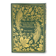 Back of the Pride and Prejudice book vase with Jane Austen line in gold on green.