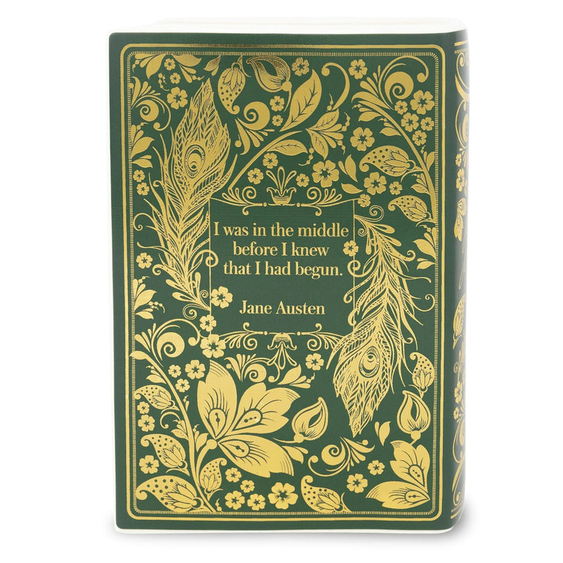 Back of the Pride and Prejudice book vase with Jane Austen line in gold on green.