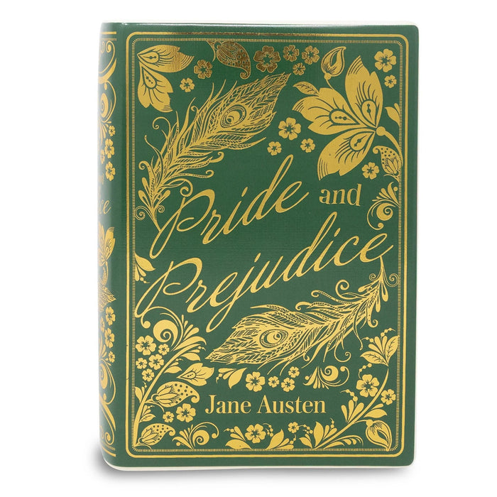 Close-up of the Pride and Prejudice cover artwork with gold-foil peacock feathers.