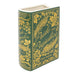 Angled front view of Pride and Prejudice ceramic book vase in green with gold-foil floral cover.