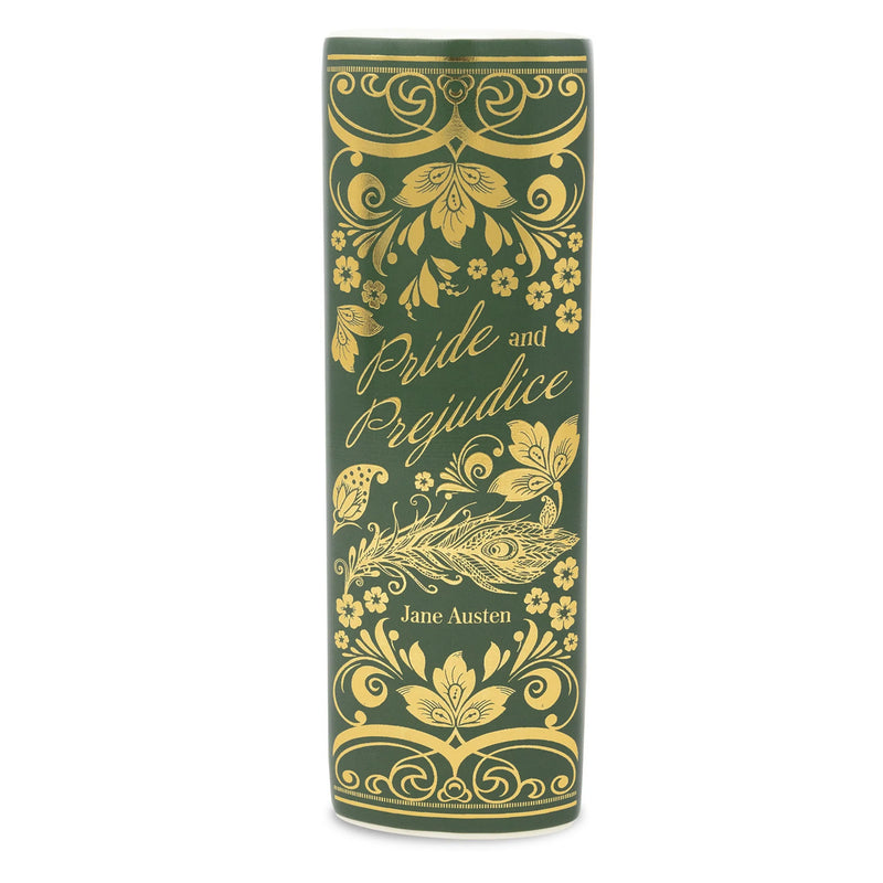 Side spine of the Pride and Prejudice ceramic book vase showing gold floral motifs.