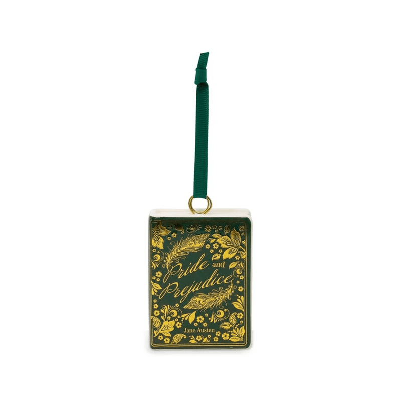 Pride and Prejudice Collector's Edition ceramic Christmas tree decoration with forest-green cover and intricate gold botanical design