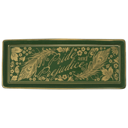 Front view of green Pride and Prejudice ceramic trinket tray with gold details