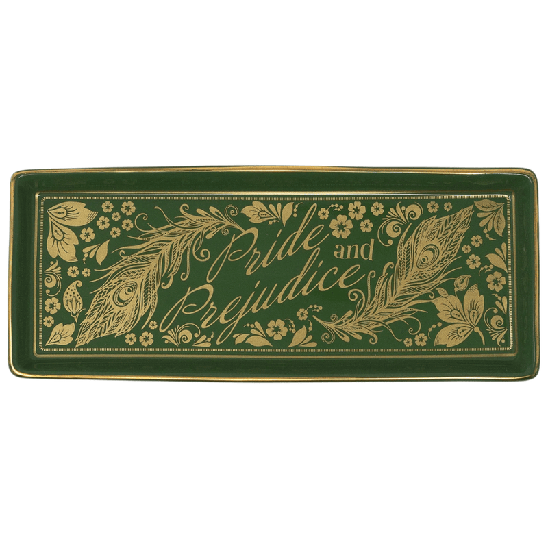 Front view of green Pride and Prejudice ceramic trinket tray with gold details