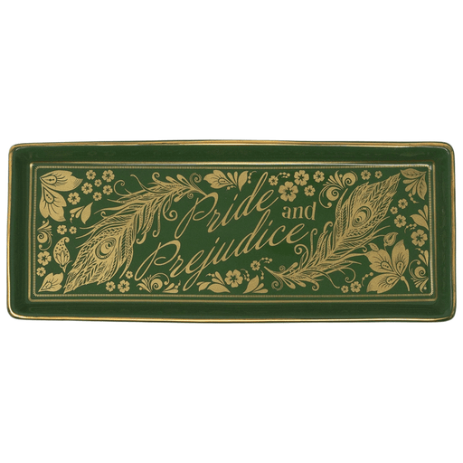 Front view of green Pride and Prejudice ceramic trinket tray with gold details