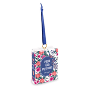 Pride and Prejudice miniature ceramic book ornament with blue hanging ribbon