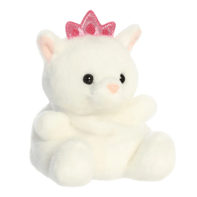 Alternate side profile of Priscilla Princess Kitty Palm Pals plush with white fur, seated shape and pink princess crown.