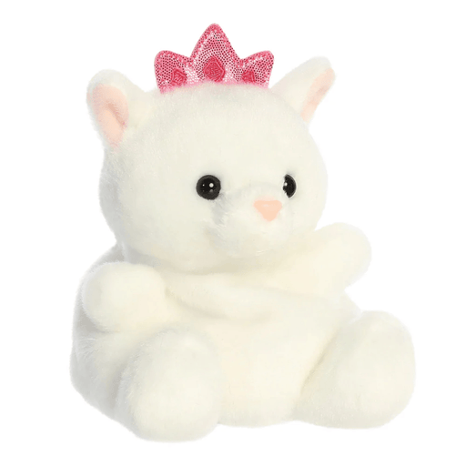 Alternate side profile of Priscilla Princess Kitty Palm Pals plush with white fur, seated shape and pink princess crown.