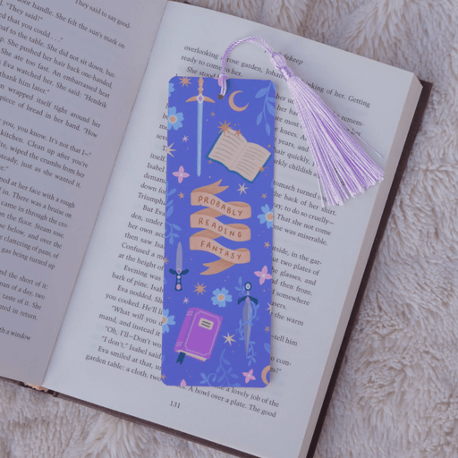 Probably Reading Fantasy bookmark marking a page inside an open book