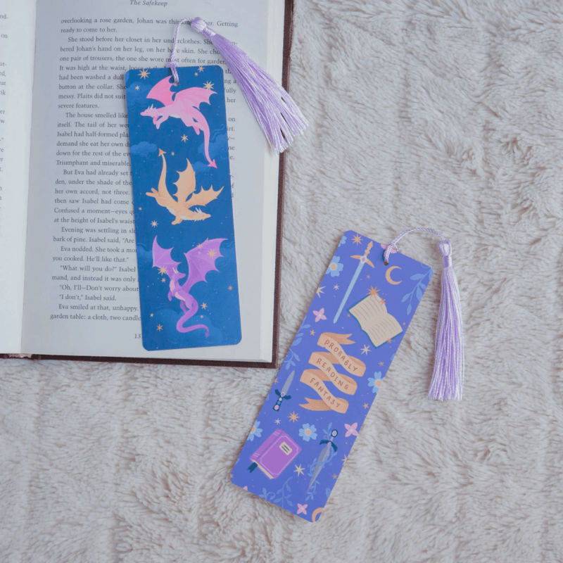 Probably Reading Fantasy bookmark alongside dragon bookmark with purple tassels