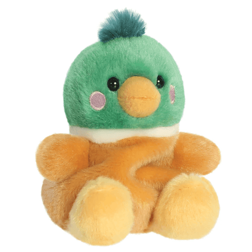 Puddles Mallard Duck plush from Palm Pals with cute black eyes, yellow beak, pink cheeks and fluffy green head.