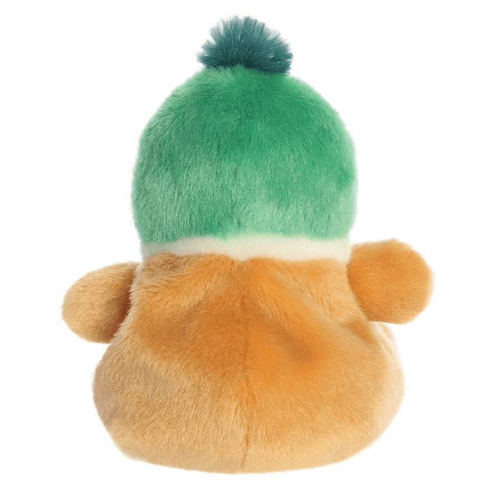 Back view of Puddles Mallard Duck Palm Pals plush with green head, fluffy tuft and golden-brown plush body.