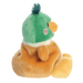 Side view of Puddles Mallard Duck Palm Pals plush showing green head, fluffy tuft, yellow beak and soft brown body.