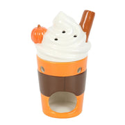 Rear view of ceramic latte oil burner with swirl lid in place and glossy orange glaze.
