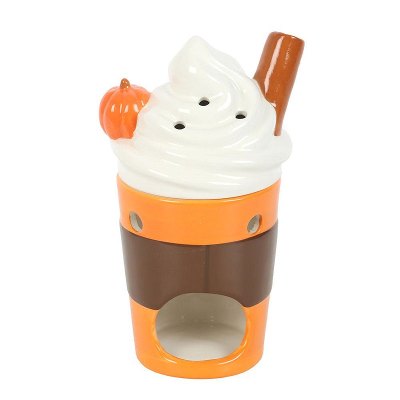 Rear view of ceramic latte oil burner with swirl lid in place and glossy orange glaze.
