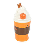Side profile highlighting mini pumpkin, cinnamon-stick accent and swirl lid.
