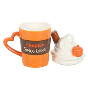 Pumpkin Spice Lover mug shown with lid removed, revealing cream interior.
