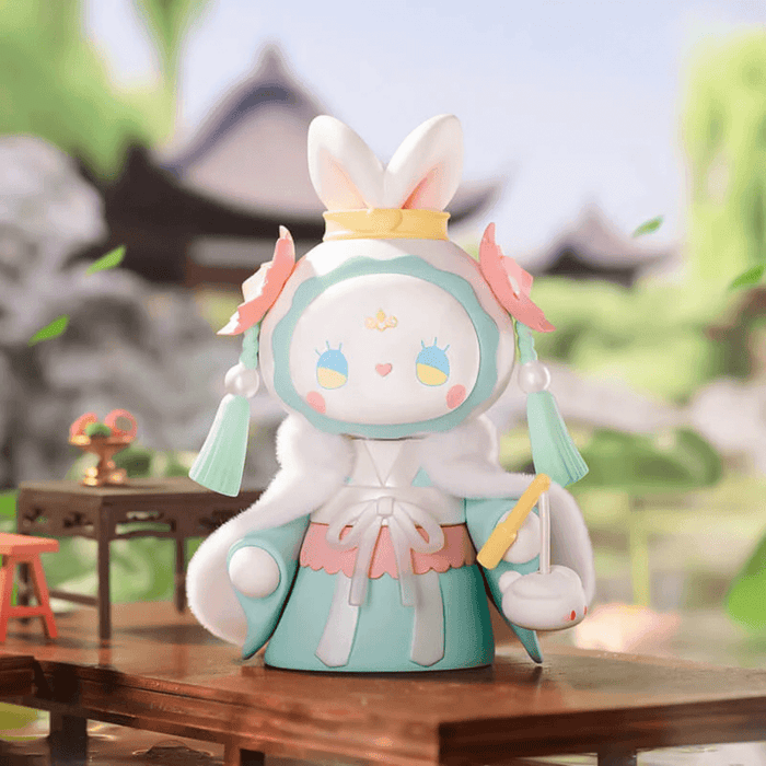 Rabbit Lamp figure from MJ Studio Lantern Festival Blind Box, winter robe and hand scroll on bridge.