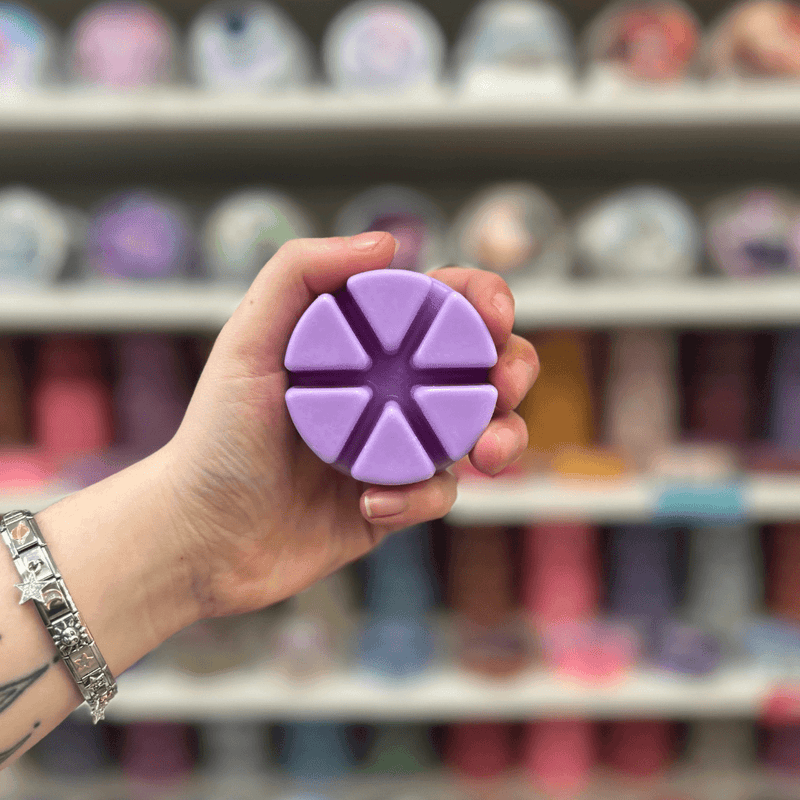 Rainbow Cookie wax melt segments held in hand with colourful wax melt display in the background