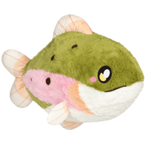 Side view of Squishable Rainbow Trout plush toy showing green body, pink stripe and embroidered eye.