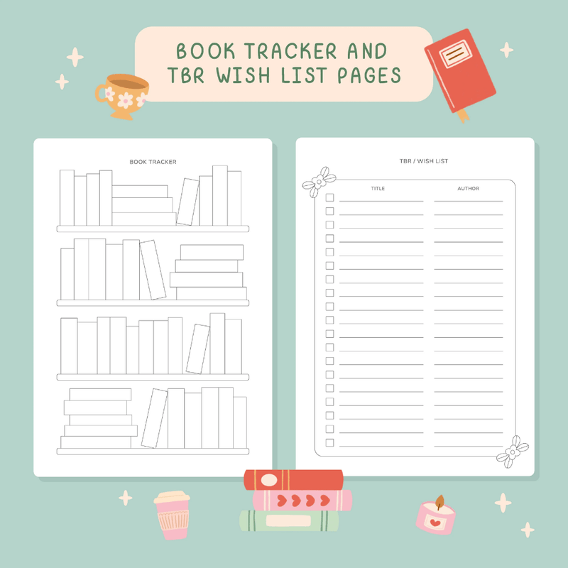 Book tracker and TBR wish list pages inside the Reading Journal